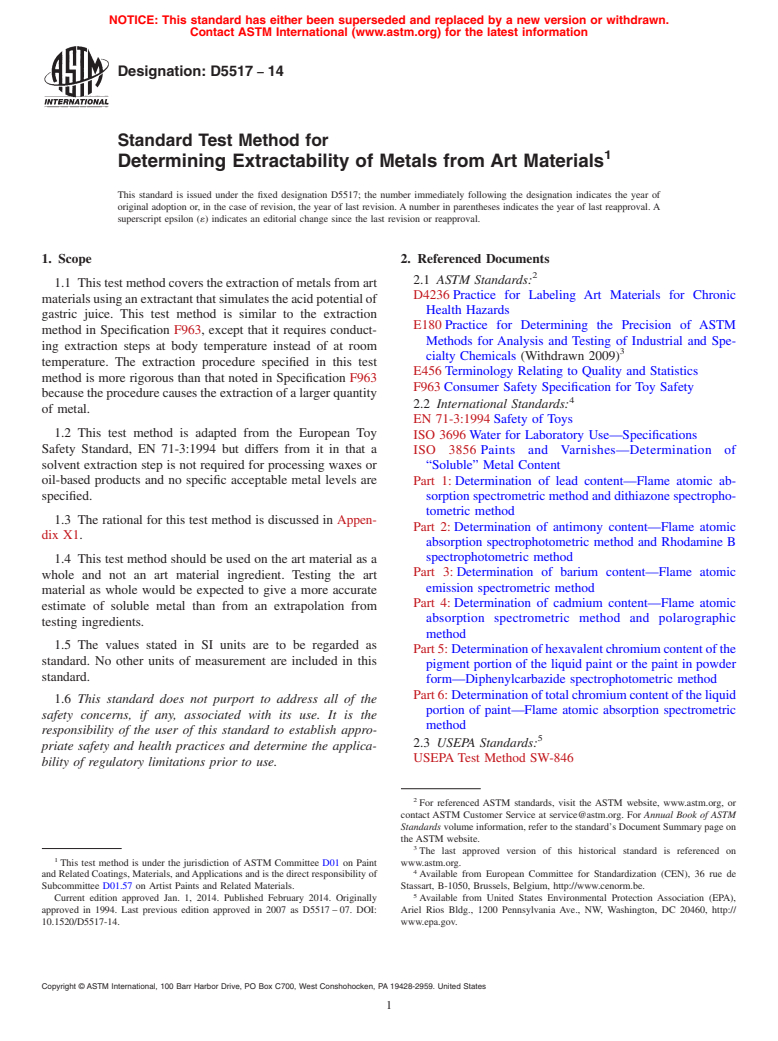 ASTM D5517-14 - Standard Test Method for Determining Extractability of Metals from Art Materials