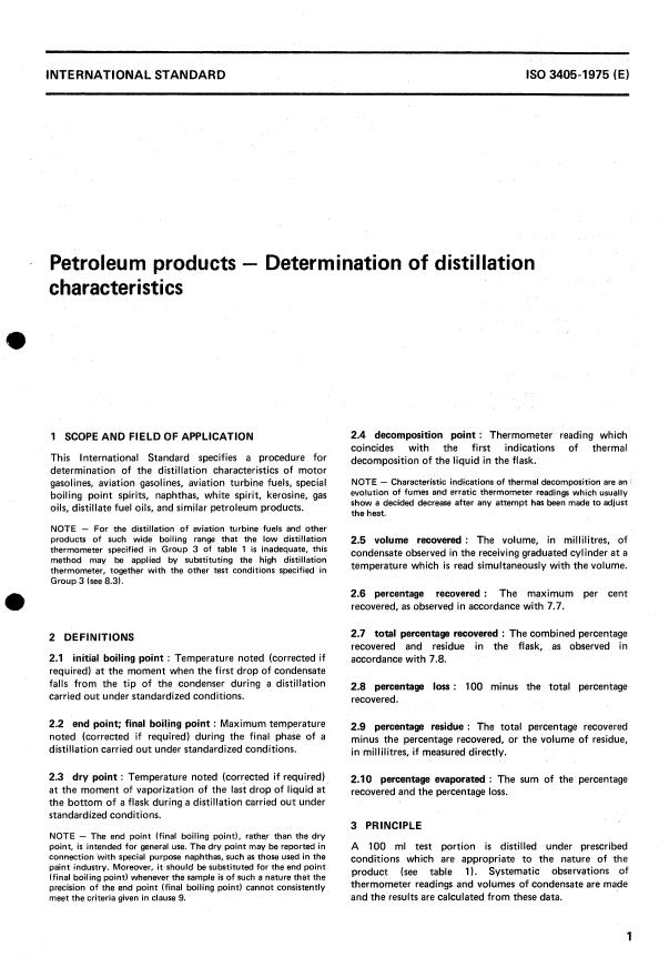 ISO 3405:1975 - Petroleum products -- Determination of distillation characteristics