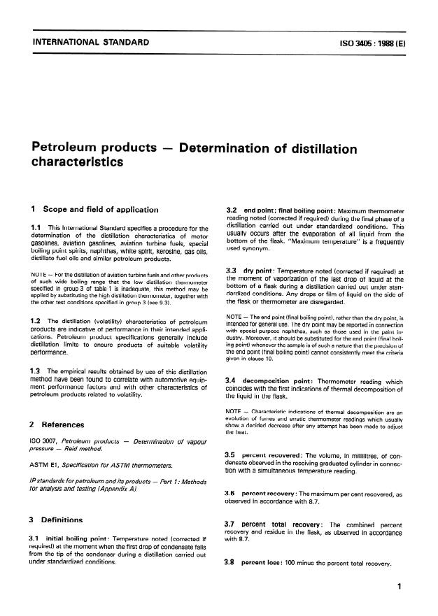 ISO 3405:1988 - Petroleum products -- Determination of distillation characteristics