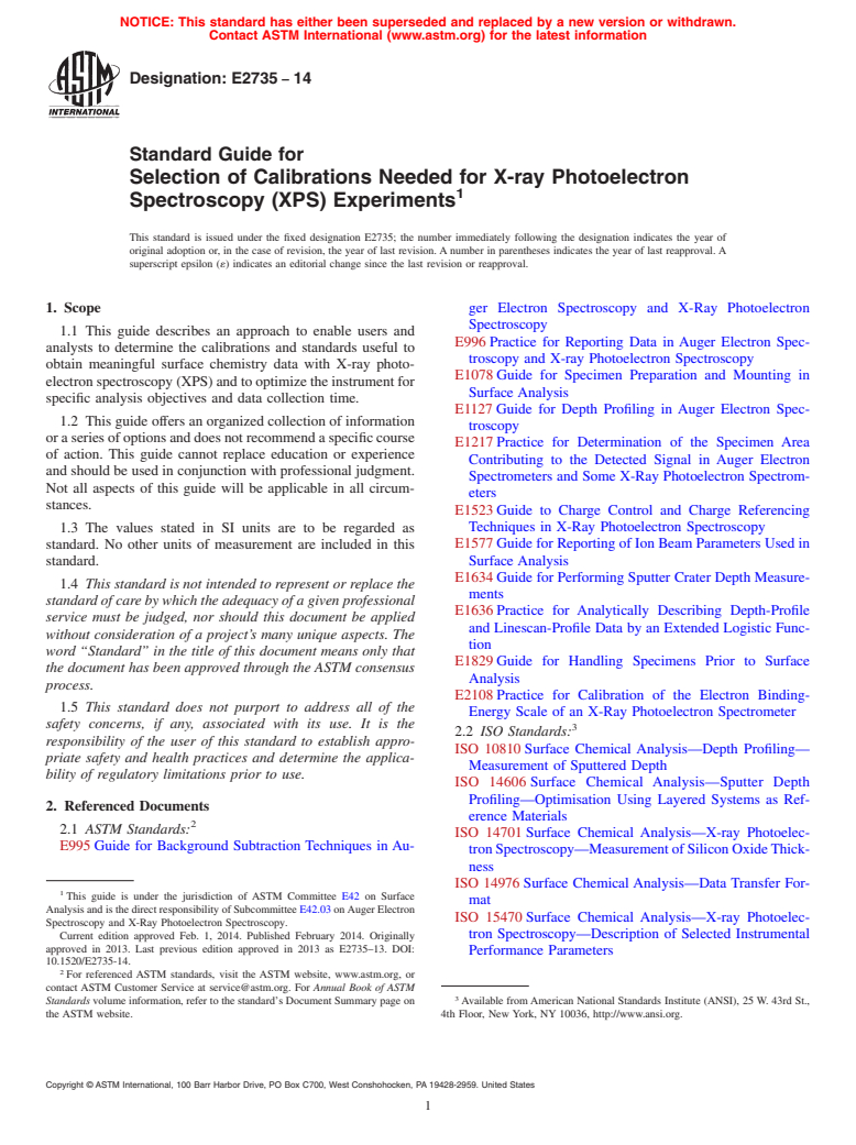 ASTM E2735-14 - Standard Guide for Selection of Calibrations Needed for X-ray Photoelectron Spectroscopy  &#40;XPS&#41; Experiments