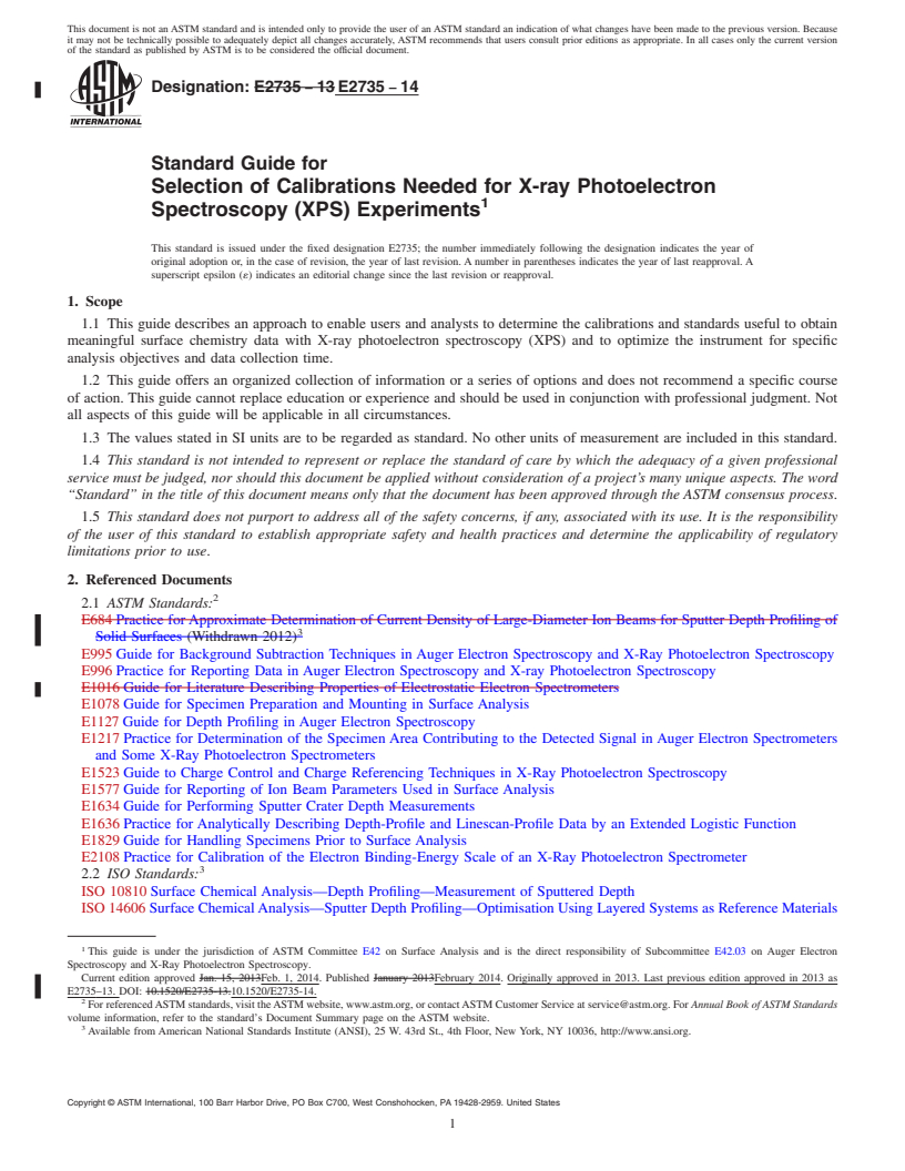 REDLINE ASTM E2735-14 - Standard Guide for Selection of Calibrations Needed for X-ray Photoelectron Spectroscopy  &#40;XPS&#41; Experiments