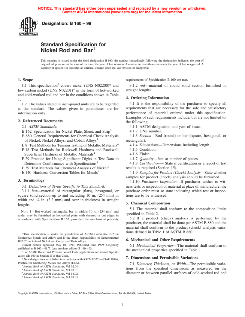 ASTM B160-99 - Standard Specification for Nickel Rod and Bar