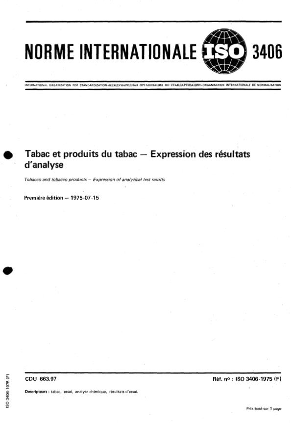 ISO 3406:1975 - Tabac et produits du tabac -- Expression des résultats d'analyse