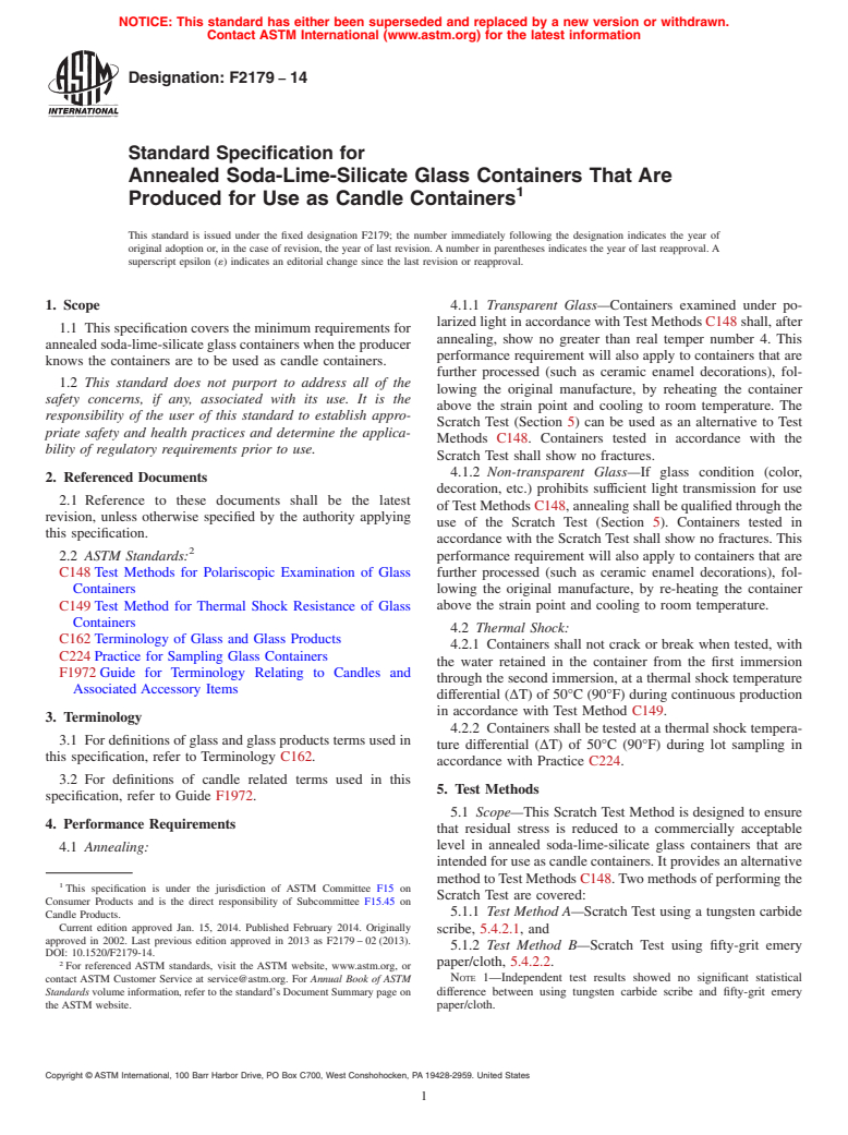 ASTM F2179-14 - Standard Specification for  Annealed Soda-Lime-Silicate Glass Containers That Are Produced  for Use as Candle Containers