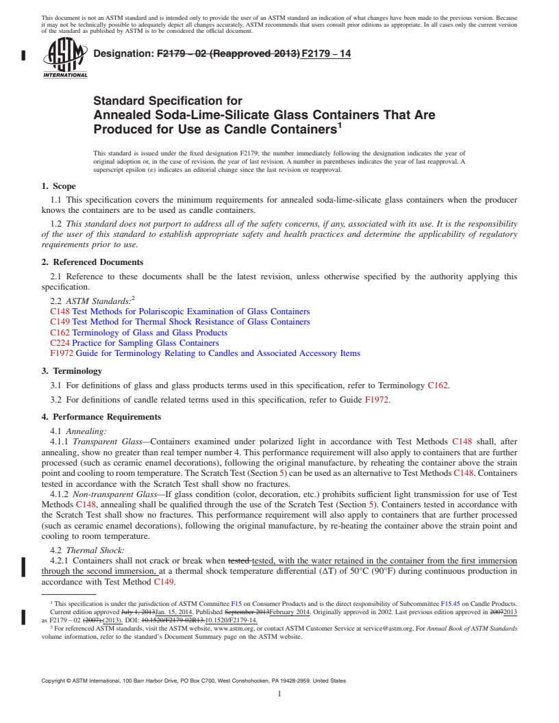 REDLINE ASTM F2179-14 - Standard Specification for  Annealed Soda-Lime-Silicate Glass Containers That Are Produced  for Use as Candle Containers