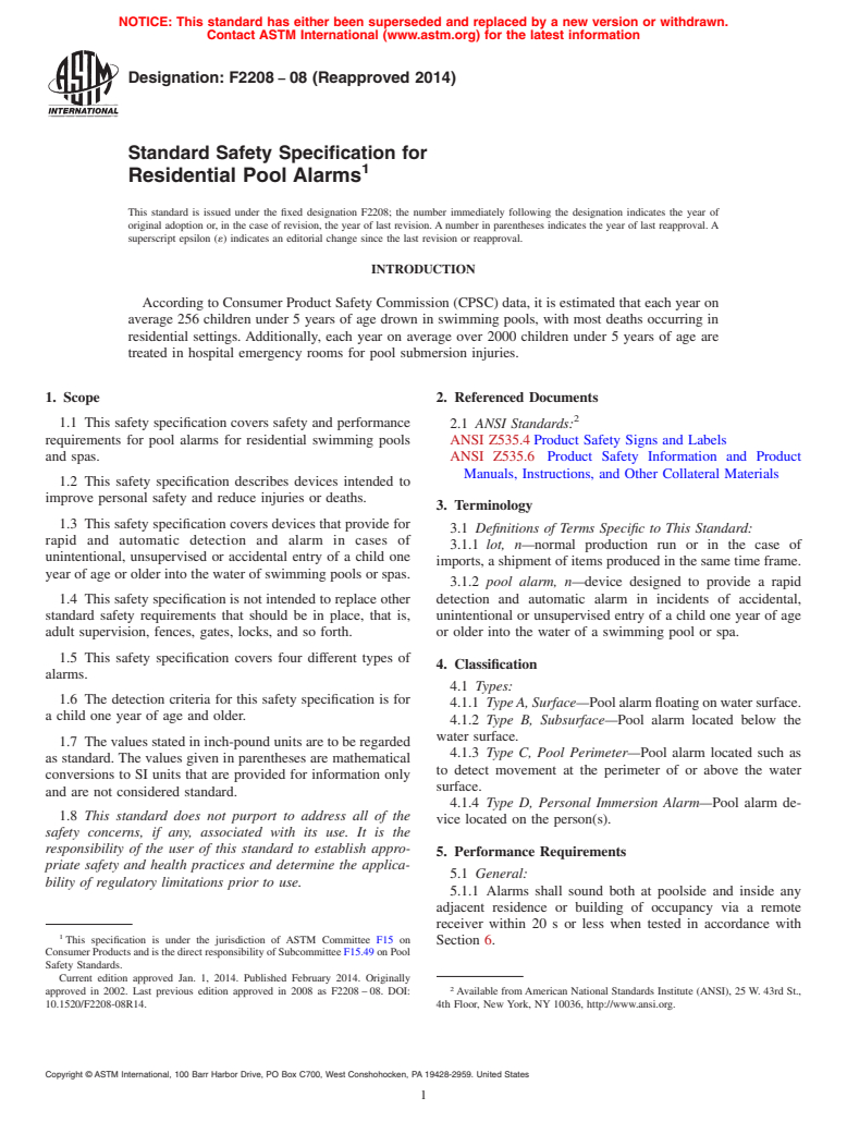 ASTM F2208-08(2014) - Standard Safety Specification for  Residential Pool Alarms