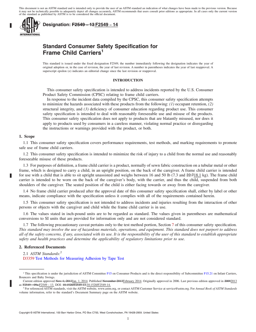 REDLINE ASTM F2549-14 - Standard Consumer Safety Specification for  Frame Child Carriers