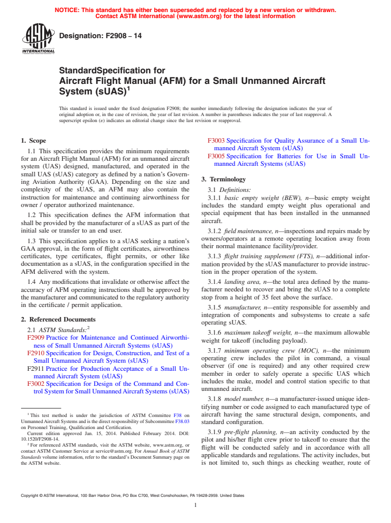 ASTM F2908-14 - Standard Specification for Aircraft Flight Manual &#40;AFM&#41; for a Small Unmanned Aircraft  System &#40;sUAS&#41;