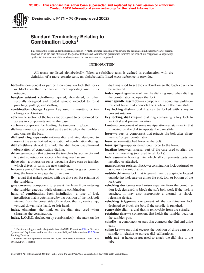 ASTM F471-76(2002) - Standard Terminology Relating to Combination Locks (Withdrawn 2011)