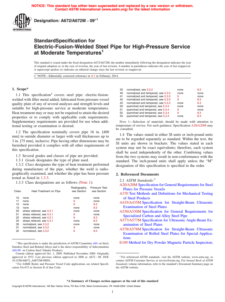 ASTM A672/A672M-09e1 - Standard Specification for  Electric-Fusion-Welded Steel Pipe for High-Pressure Service   at Moderate Temperatures