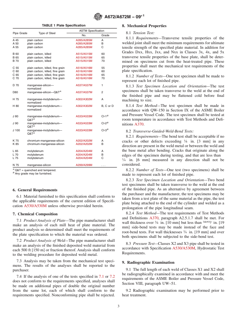 ASTM A672/A672M-09e1 - Standard Specification for  Electric-Fusion-Welded Steel Pipe for High-Pressure Service   at Moderate Temperatures