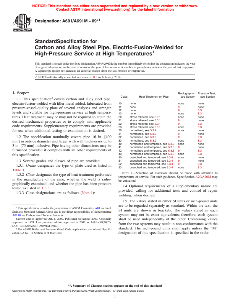 ASTM A691/A691M-09e1 - Standard Specification for  Carbon and Alloy Steel Pipe, Electric-Fusion-Welded for High-Pressure   Service at High Temperatures