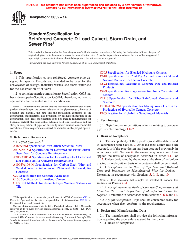ASTM C655-14 - Standard Specification for  Reinforced Concrete D-Load Culvert, Storm Drain, and Sewer  Pipe