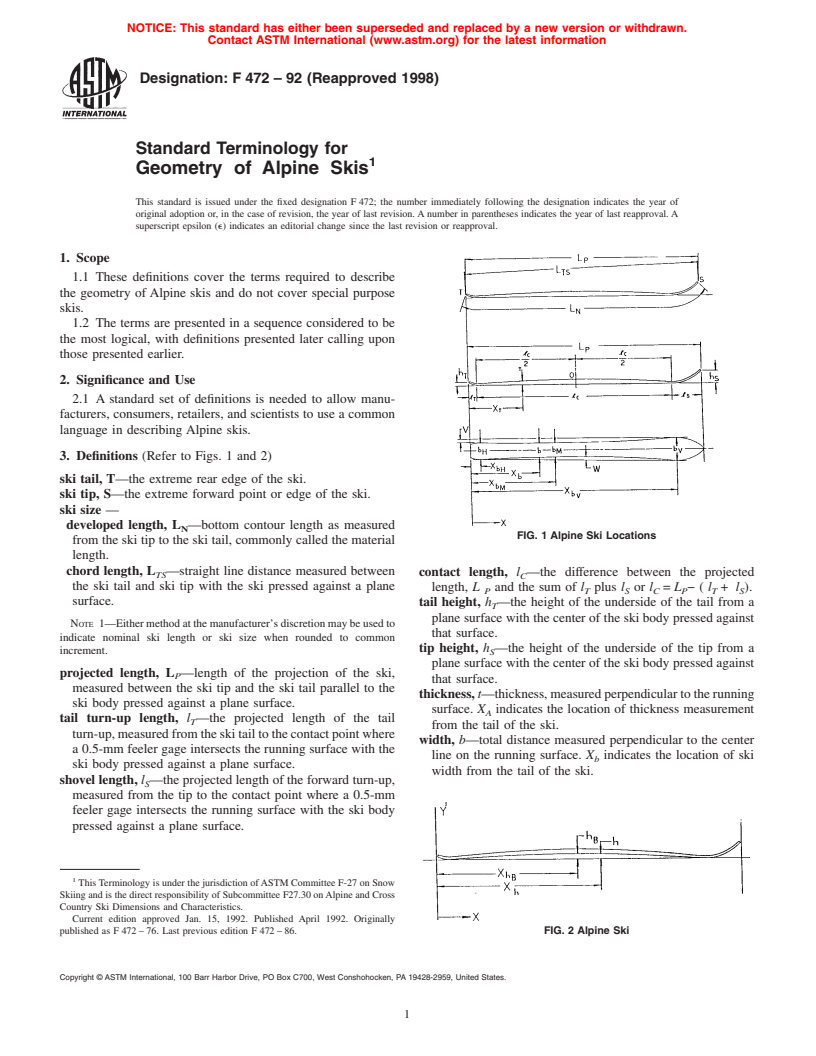 ASTM F472-92(1998) - Standard Terminology for Geometry of Alpine Skis