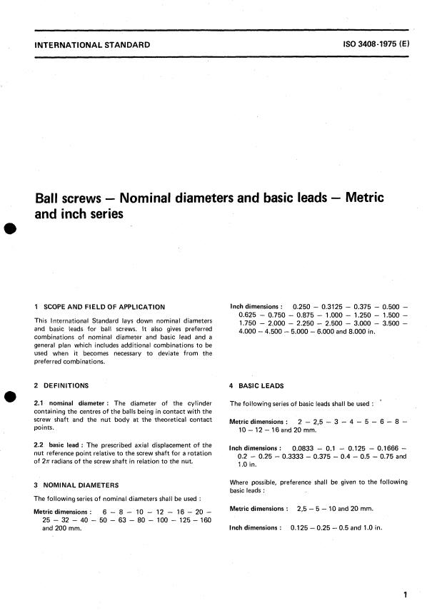 ISO 3408:1975 - Ball screws -- Nominal diameters and basic leads -- Metric and inch series