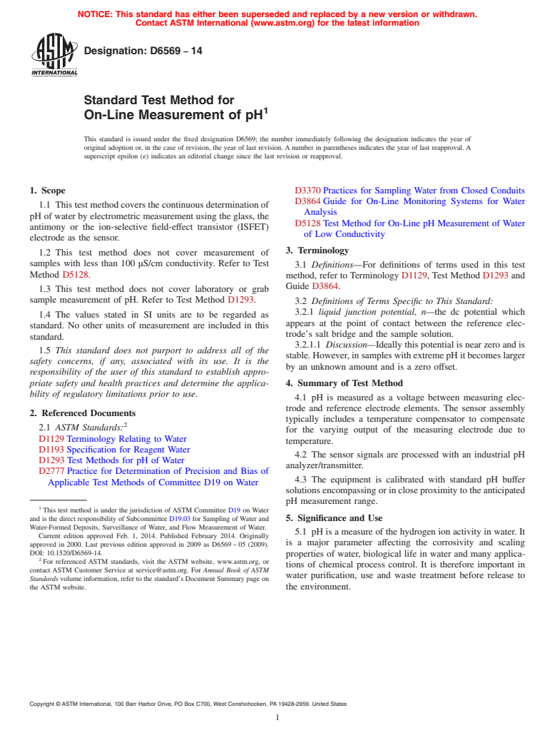 ASTM D6569-14 - Standard Test Method for On-Line Measurement of pH  (Withdrawn 2023)