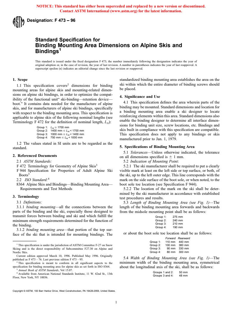 ASTM F473-96 - Standard Specification for Binding Mounting Area Dimensions on Alpine Skis and Bindings