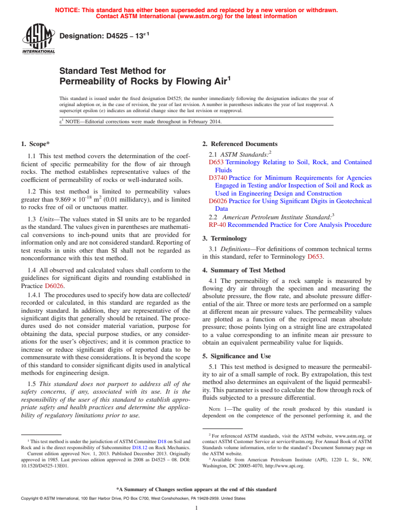 ASTM D4525-13e1 - Standard Test Method for  Permeability of Rocks by Flowing Air