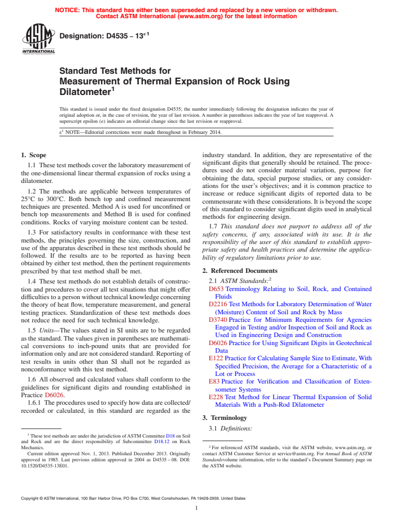 ASTM D4535-13e1 - Standard Test Methods for  Measurement of Thermal Expansion of Rock Using Dilatometer