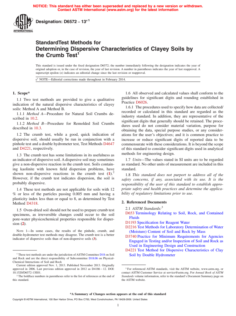 ASTM D6572-13e1 - Standard Test Methods for Determining Dispersive Characteristics of Clayey Soils by the  Crumb Test