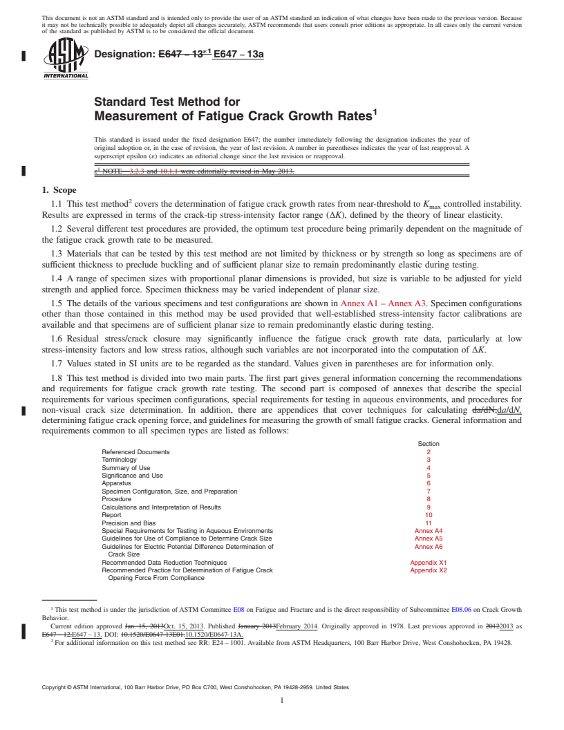 REDLINE ASTM E647-13a - Standard Test Method for  Measurement of Fatigue Crack Growth Rates