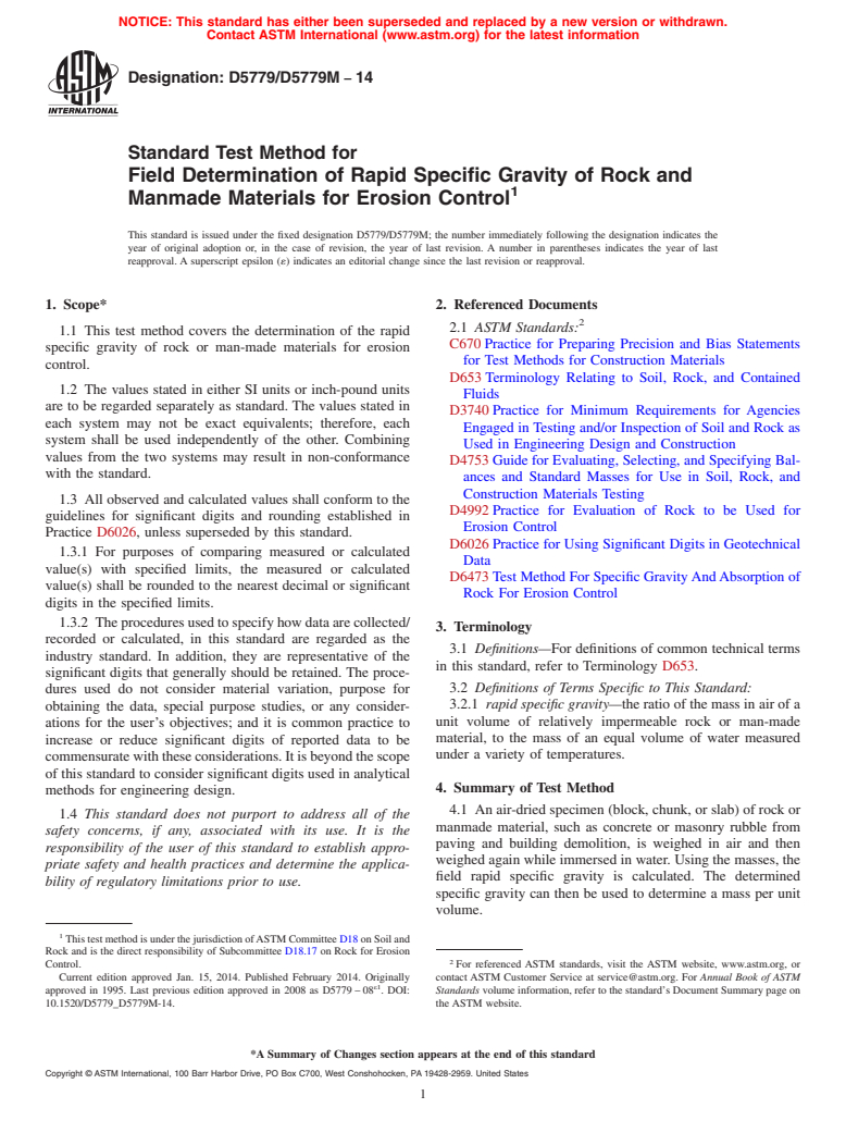 ASTM D5779/D5779M-14 - Standard Test Method for Field Determination of Rapid Specific Gravity of Rock and Manmade Materials for Erosion Control (Withdrawn 2023)