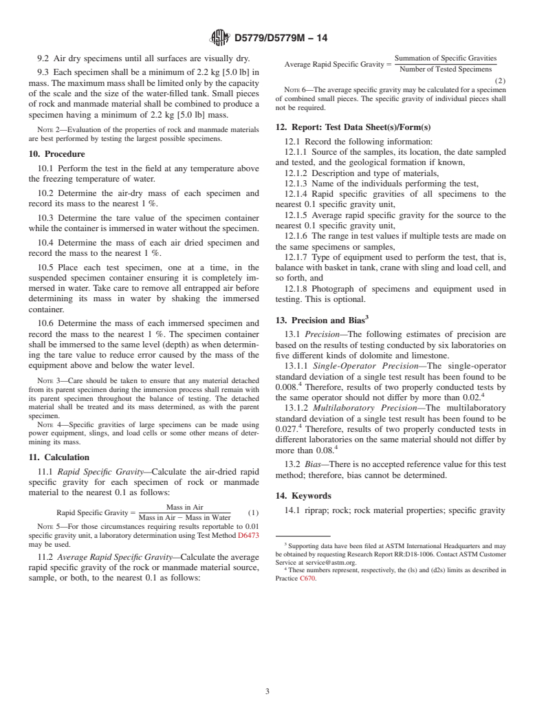 ASTM D5779/D5779M-14 - Standard Test Method for Field Determination of Rapid Specific Gravity of Rock and Manmade Materials for Erosion Control (Withdrawn 2023)