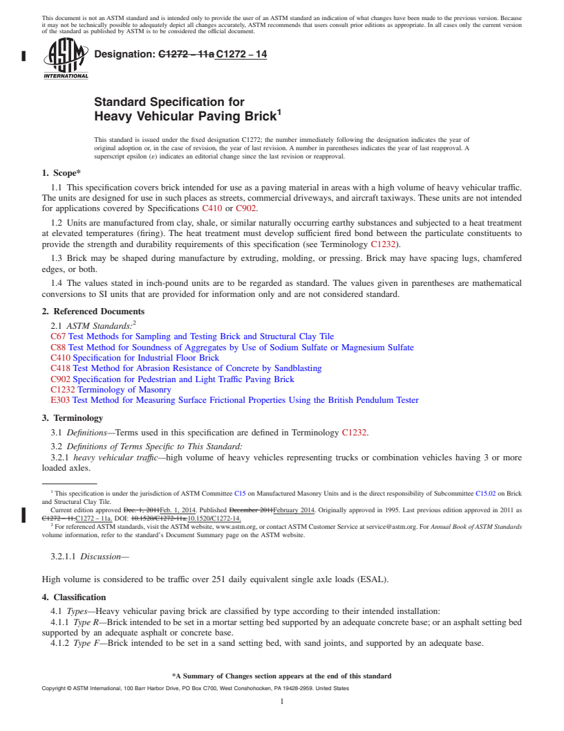 REDLINE ASTM C1272-14 - Standard Specification for  Heavy Vehicular Paving Brick