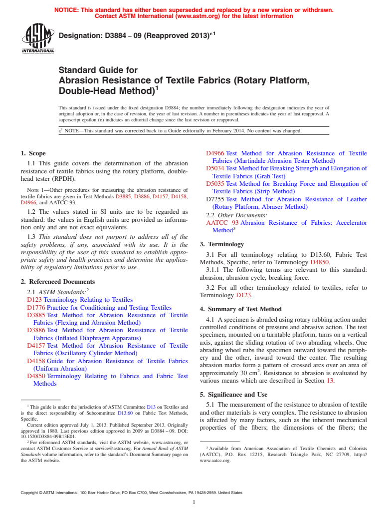 ASTM D3884-09(2013)e1 - Standard Guide for  Abrasion Resistance of Textile Fabrics &#40;Rotary Platform, Double-Head  Method&#41;