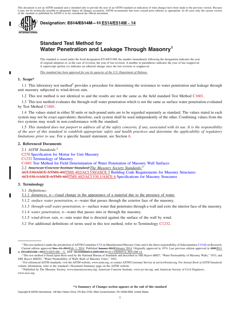 REDLINE ASTM E514/E514M-14 - Standard Test Method for  Water Penetration and Leakage Through Masonry