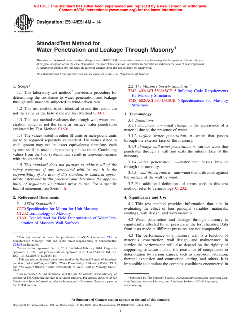 ASTM E514/E514M-14 - Standard Test Method for  Water Penetration and Leakage Through Masonry