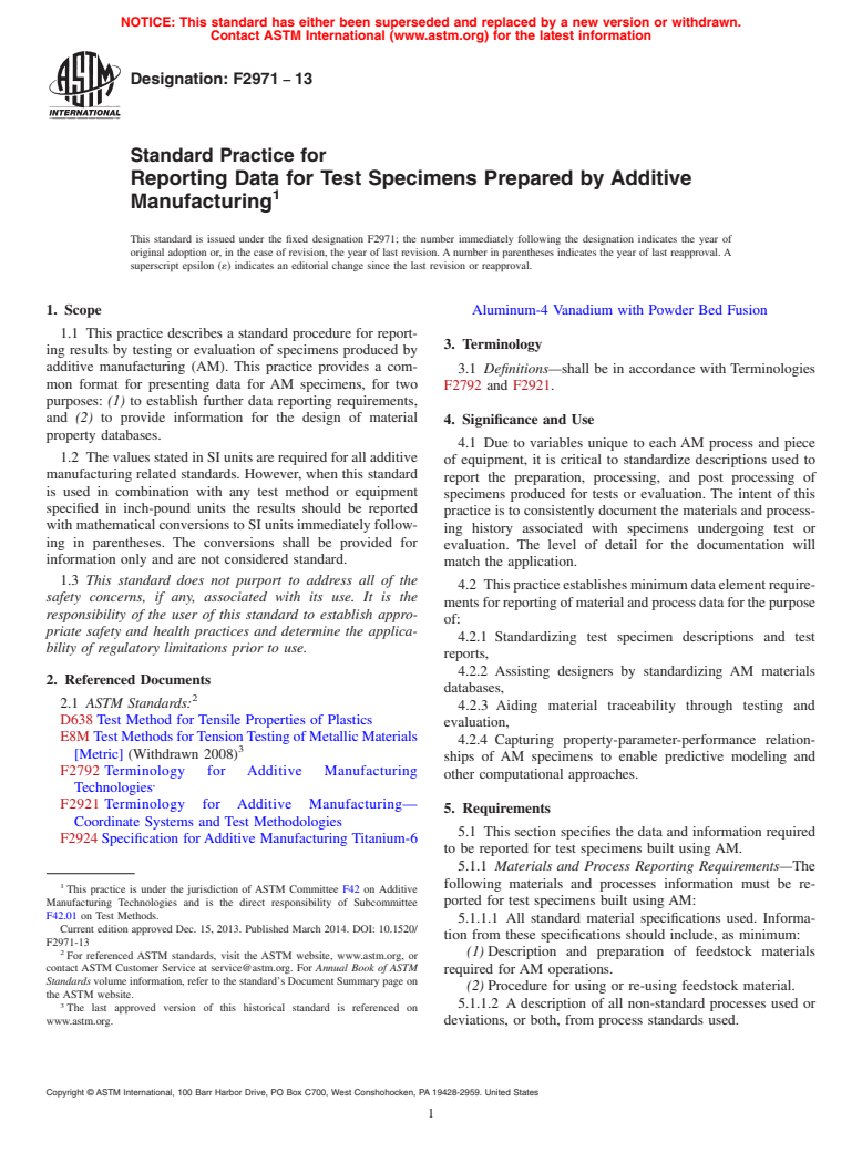 ASTM F2971-13 - Standard Practice for Reporting Data for Test Specimens Prepared by Additive Manufacturing