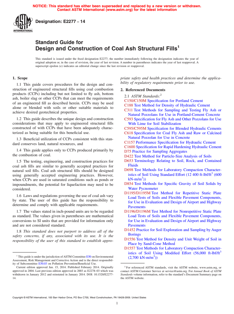 ASTM E2277-14 - Standard Guide for Design and Construction of Coal Ash Structural Fills