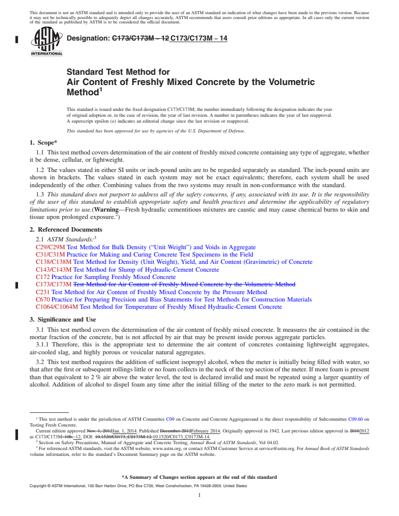 REDLINE ASTM C173/C173M-14 - Standard Test Method for  Air Content of Freshly Mixed Concrete by the Volumetric Method