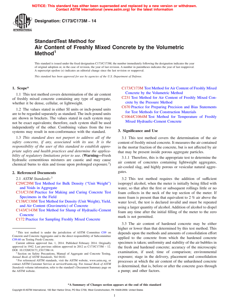 ASTM C173/C173M-14 - Standard Test Method for  Air Content of Freshly Mixed Concrete by the Volumetric Method