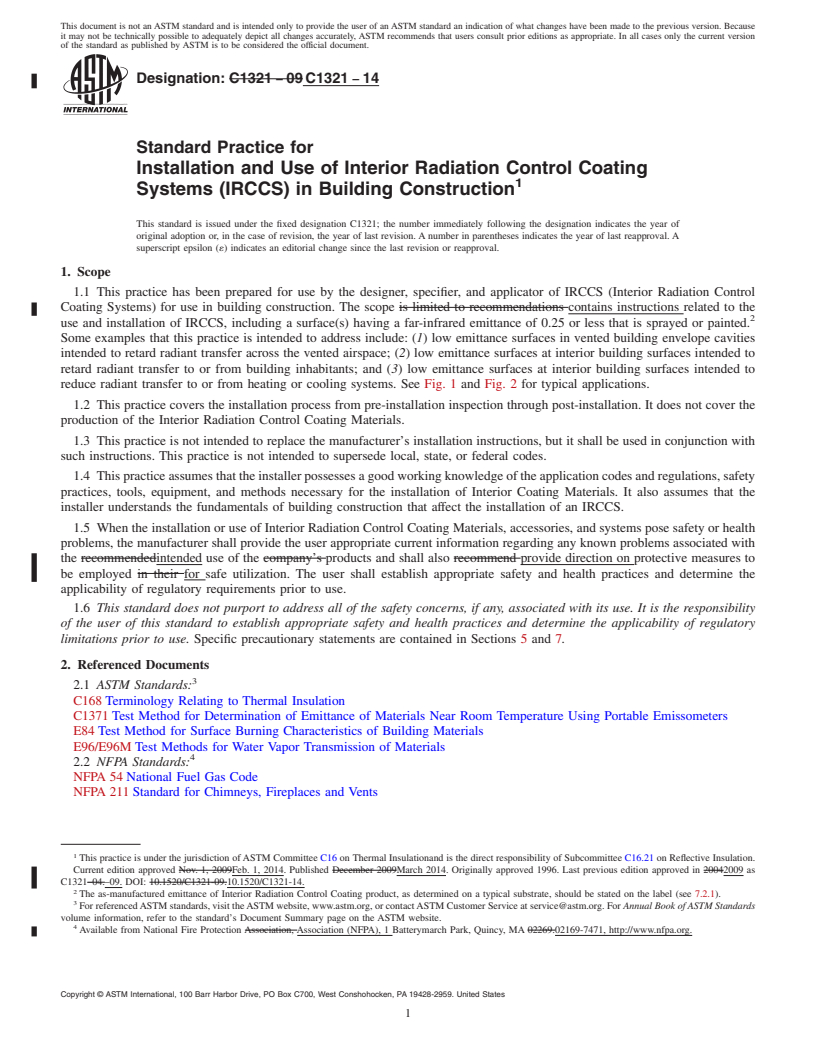 REDLINE ASTM C1321-14 - Standard Practice for  Installation and Use of Interior Radiation Control Coating  Systems &#40;IRCCS&#41; in Building Construction