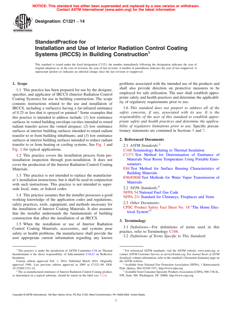 ASTM C1321-14 - Standard Practice for  Installation and Use of Interior Radiation Control Coating  Systems &#40;IRCCS&#41; in Building Construction