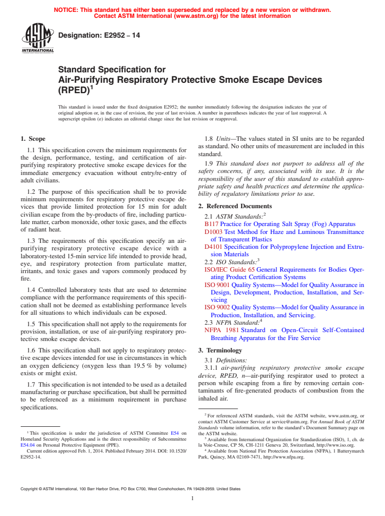 ASTM E2952-14 - Standard Specification for Air-Purifying Respiratory Protective Smoke Escape Devices &#40;RPED&#41;