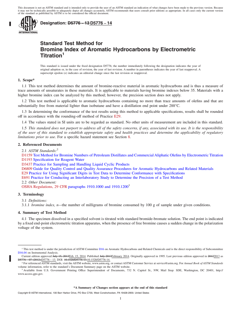 REDLINE ASTM D5776-14 - Standard Test Method for Bromine Index of Aromatic Hydrocarbons by Electrometric Titration