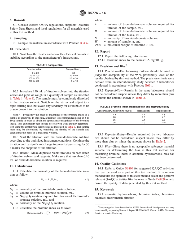 ASTM D5776-14 - Standard Test Method for Bromine Index of Aromatic Hydrocarbons by Electrometric Titration