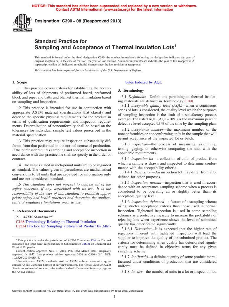 ASTM C390-08(2013) - Standard Practice for  Sampling and Acceptance of Thermal Insulation Lots