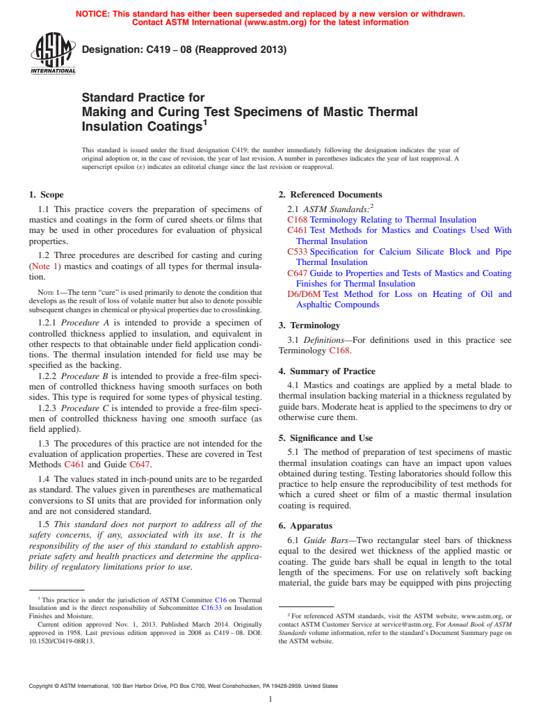 ASTM C419-08(2013) - Standard Practice for  Making and Curing Test Specimens of Mastic Thermal Insulation  Coatings