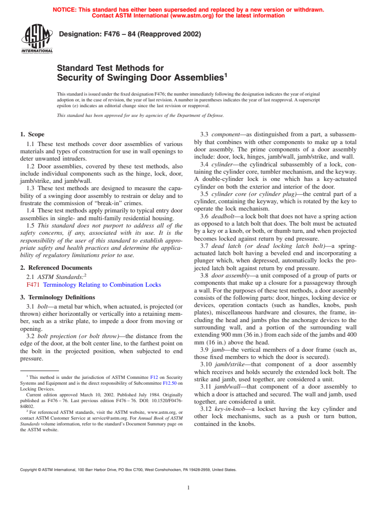 ASTM F476-84(2002) - Standard Test Methods for Security of Swinging Door Assemblies (Withdrawn 2011)