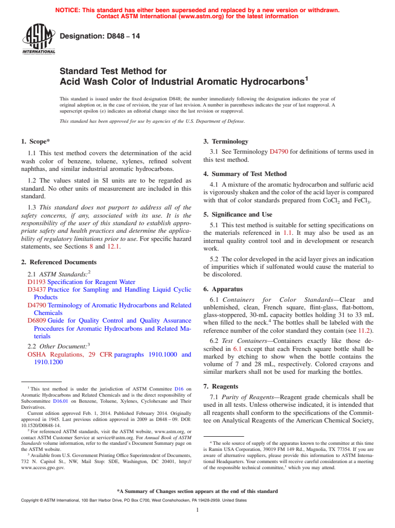 ASTM D848-14 - Standard Test Method for Acid Wash Color of Industrial Aromatic Hydrocarbons