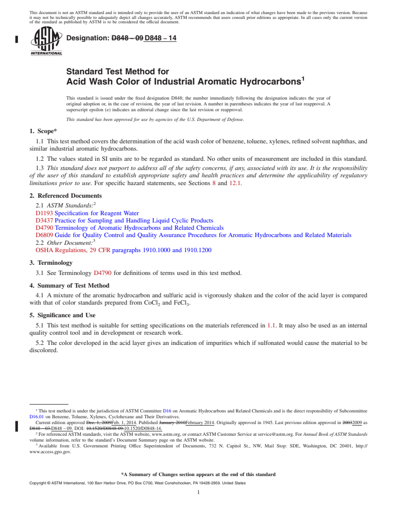 REDLINE ASTM D848-14 - Standard Test Method for Acid Wash Color of Industrial Aromatic Hydrocarbons