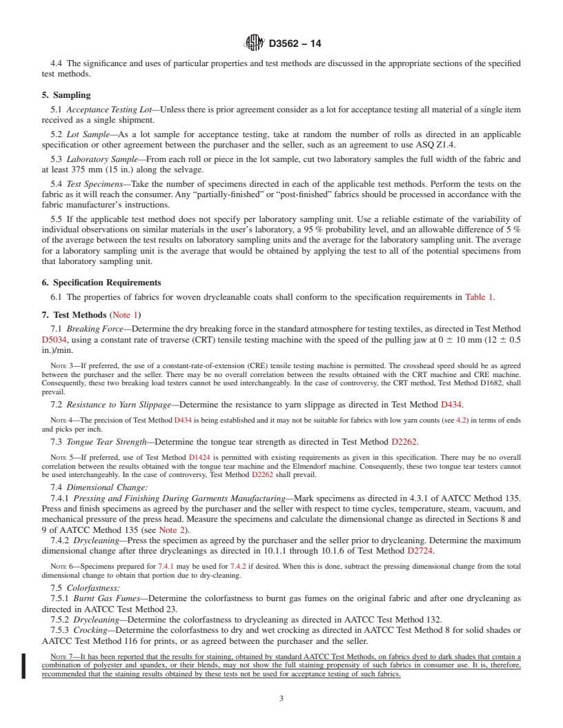 REDLINE ASTM D3562-14 - Standard Performance Specification for  Woven Drycleanable Coat Fabrics