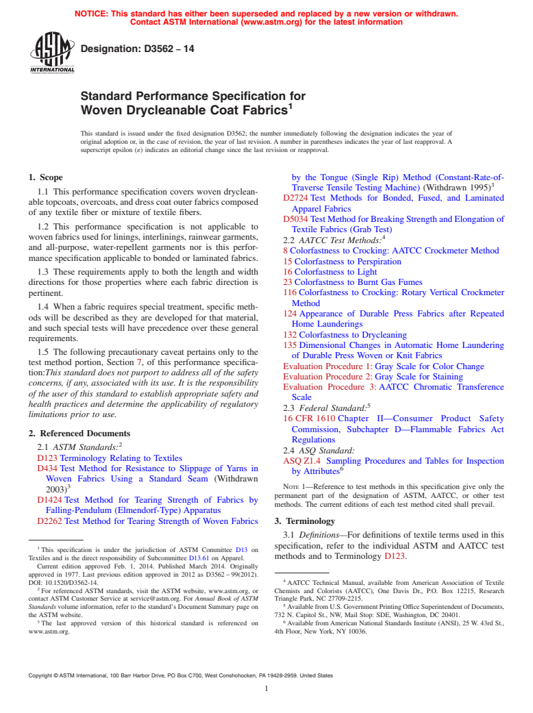 ASTM D3562-14 - Standard Performance Specification for  Woven Drycleanable Coat Fabrics