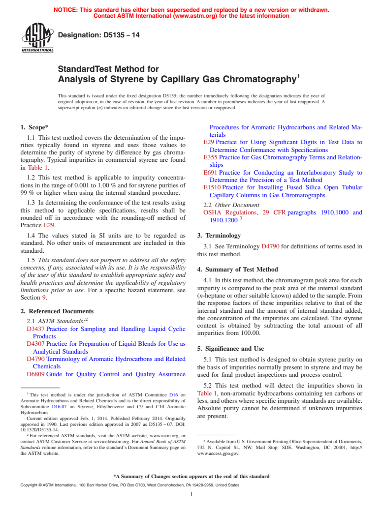 ASTM D5135-14 - Standard Test Method for Analysis of Styrene by Capillary Gas Chromatography