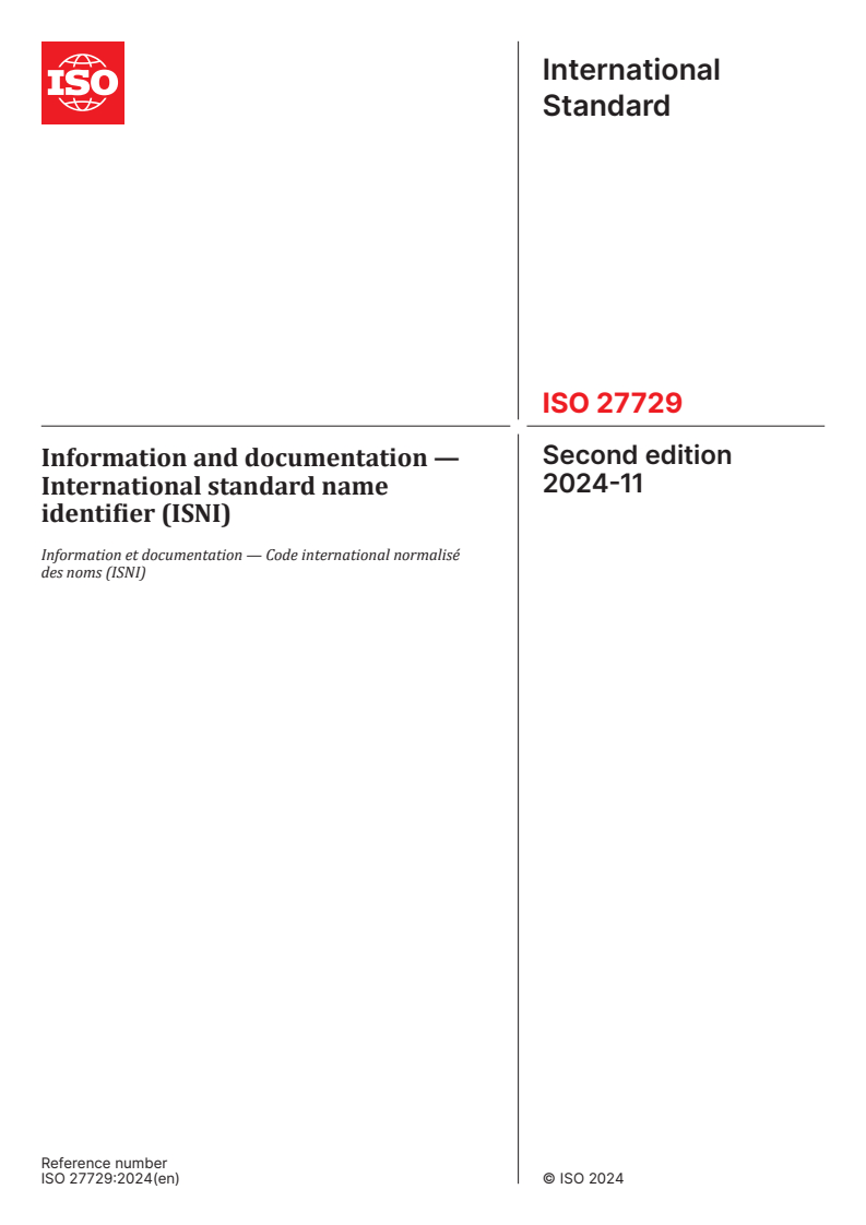 ISO 27729:2024 - Information and documentation — International standard name identifier (ISNI)
Released:11/11/2024