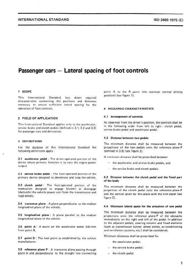 ISO 3409:1975 - Passenger cars -- Lateral spacing of foot controls